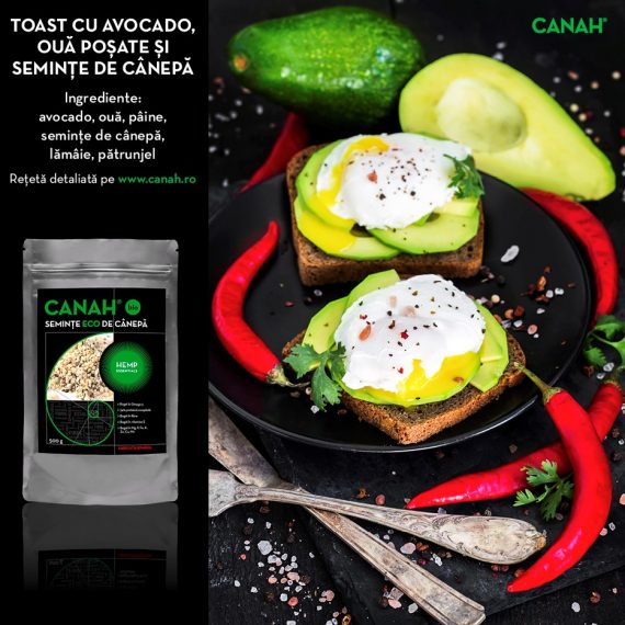 Toast cu Ouă poșate, Castraveți, Avocado și Semințe de Cânepă