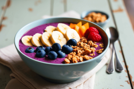 Smoothie bowl proteic cu cânepă și fructe de pădure